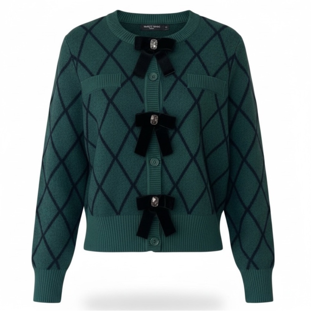 NANCY YANG  New York Bow-Accent Argyle Cardigan Size‎ Small
